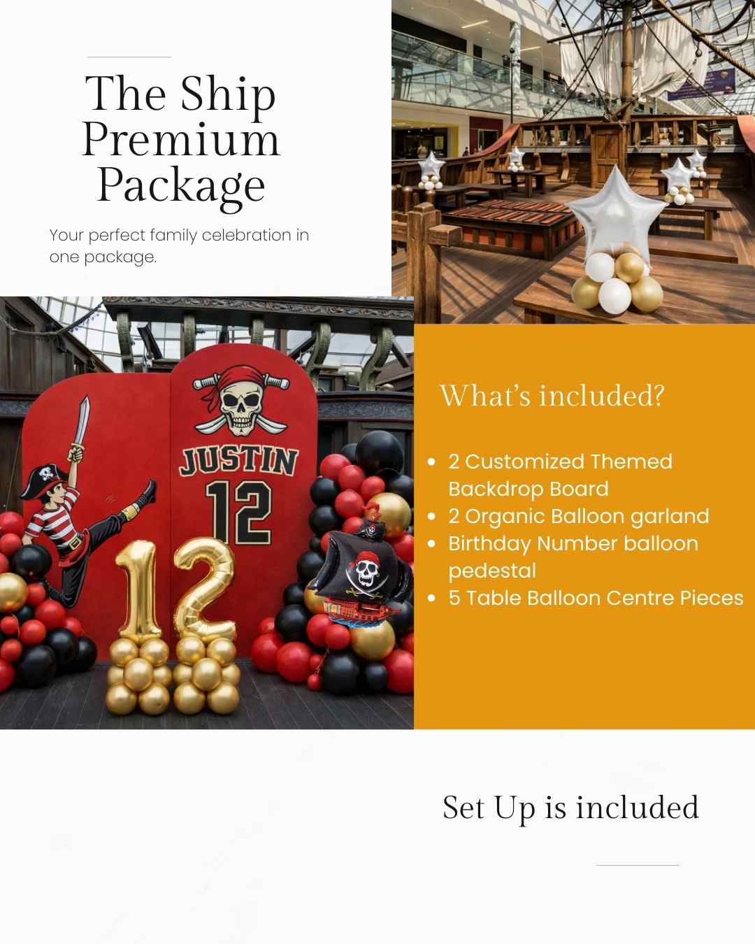 Promotional image for 'The Ship Premium Package' with a pirate-themed birthday setup and text detailing included items.