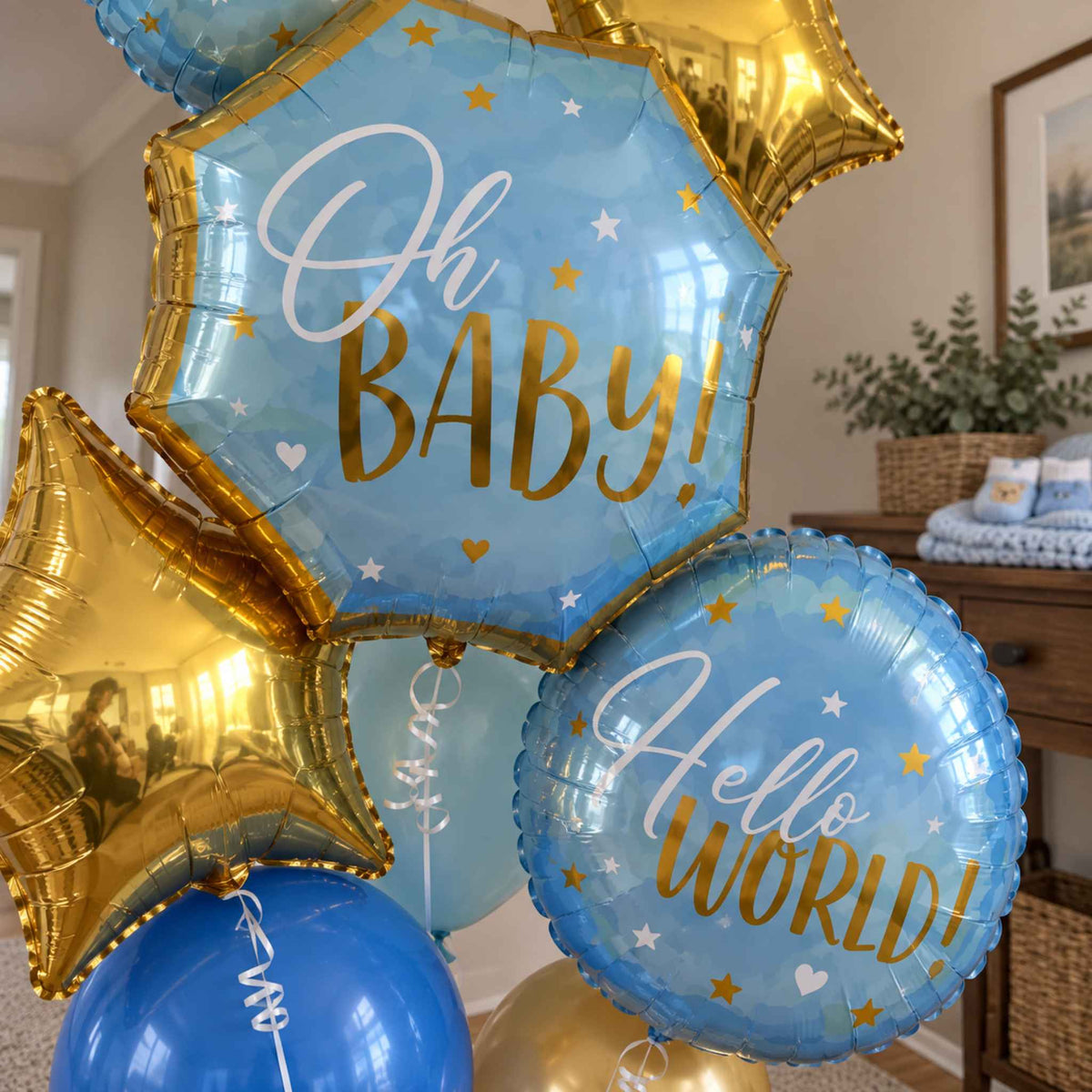 Hello World Blue Baby Boy Helium Balloon Bouquet