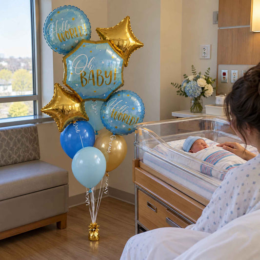 Hello World Blue Baby Boy Helium Balloon Bouquet