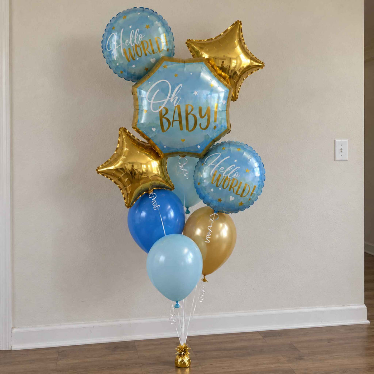 Hello World Blue Baby Boy Helium Balloon Bouquet
