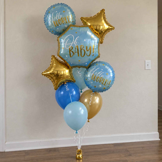 Hello World Blue Baby Boy Helium Balloon Bouquet