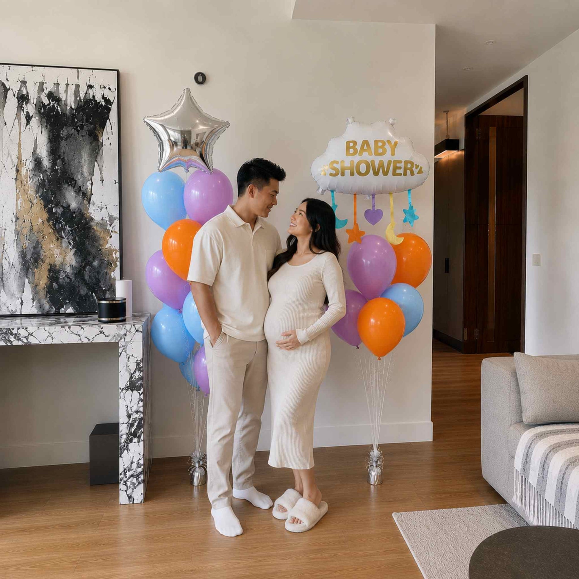 Pregnant couple standing beside a pastel baby shower balloon arrangement with a white Baby Shower cloud foil balloon, silver star balloon, and orange, blue, and purple helium balloons in a modern home.