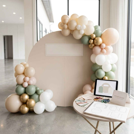 Balloon garland and backdrop with pastel colors in a modern indoor setting