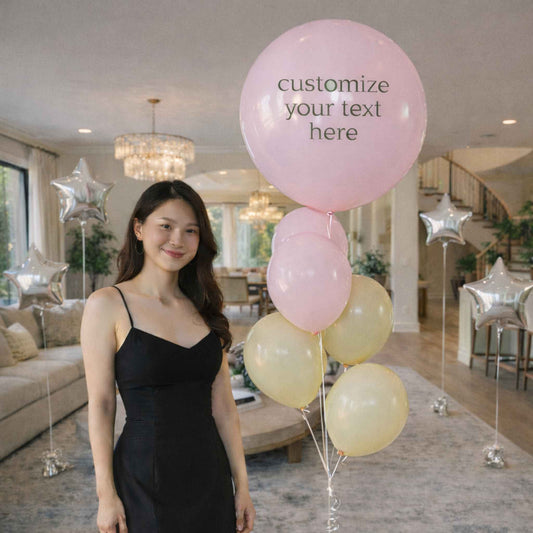 Woman holding balloons with customizable text in a living room setting