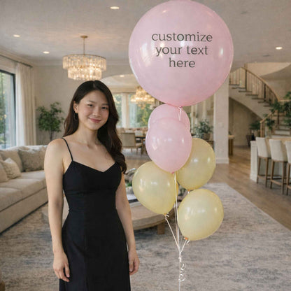 Woman holding balloons with text space in a living room