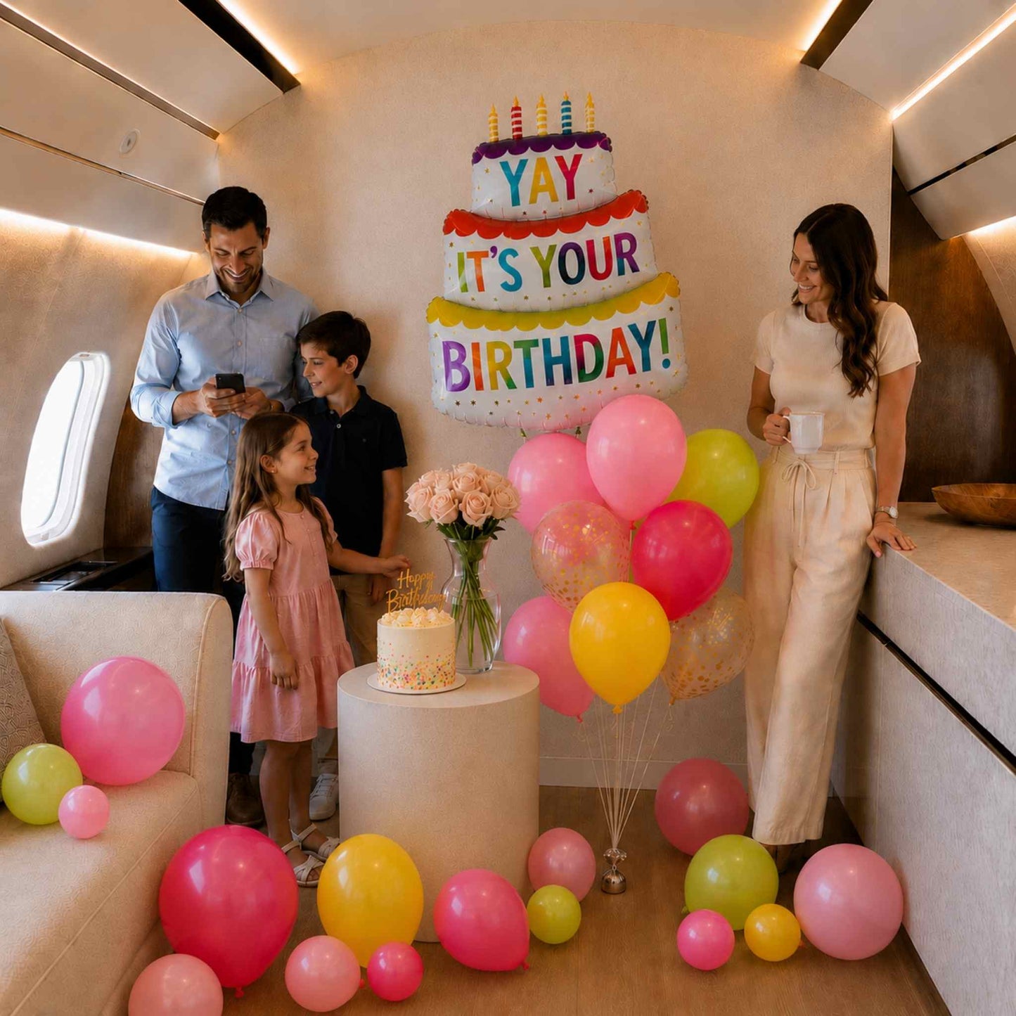 Family celebrating a birthday in a luxurious airplane cabin with balloons and cake.