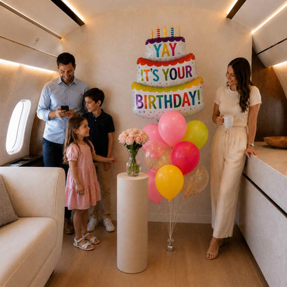 Family celebrating a birthday in a modern kitchen with balloons and a cake.