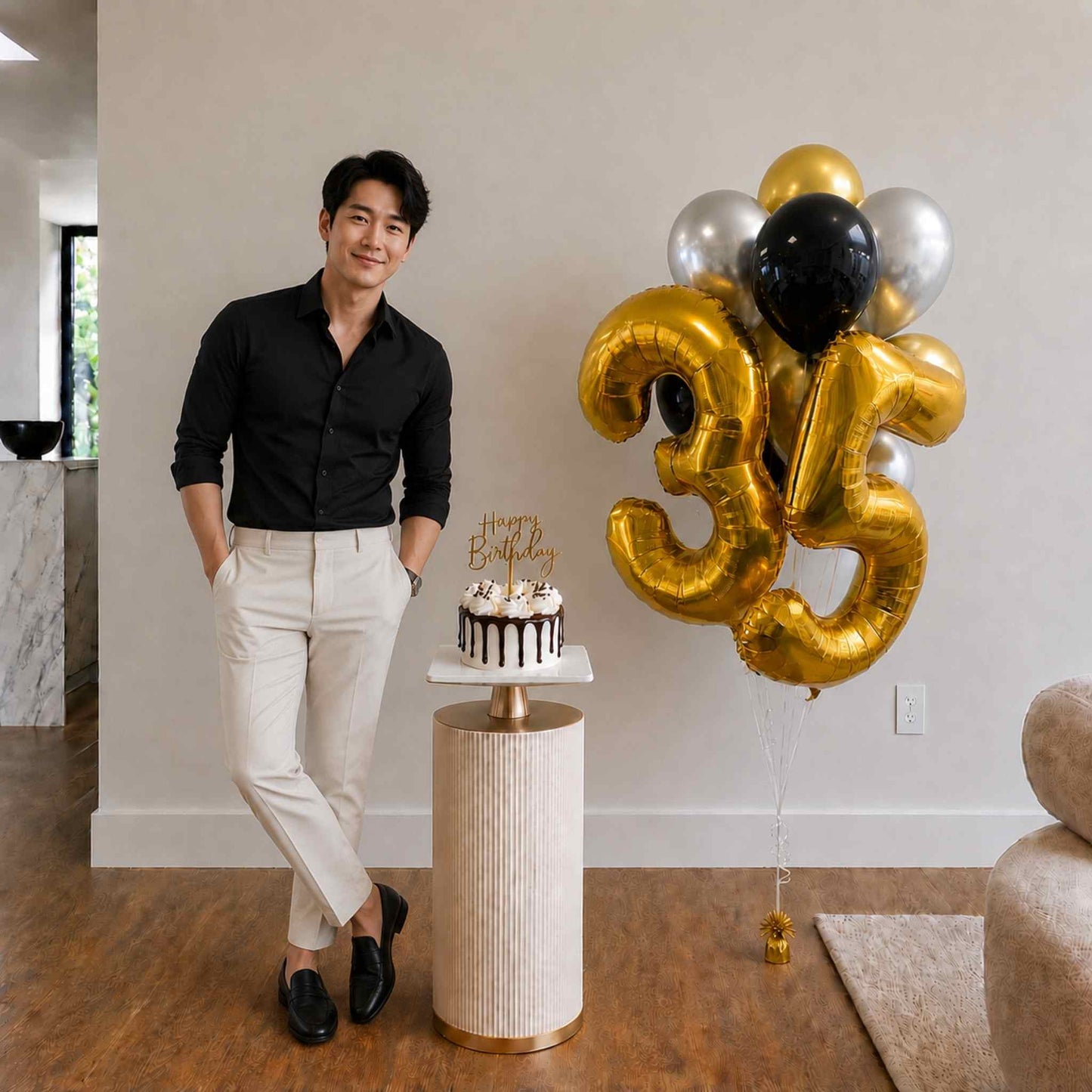Man standing next to a birthday cake and '35' balloons in a room.
