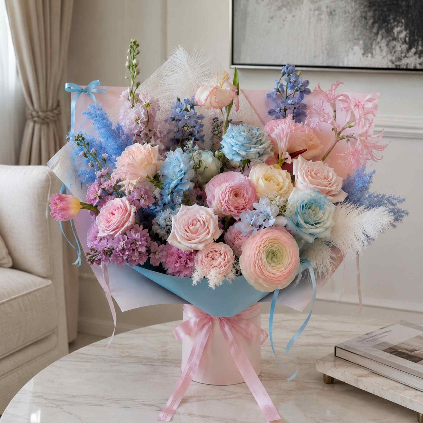 Bouquet of pastel-colored flowers on a table in a living room setting.