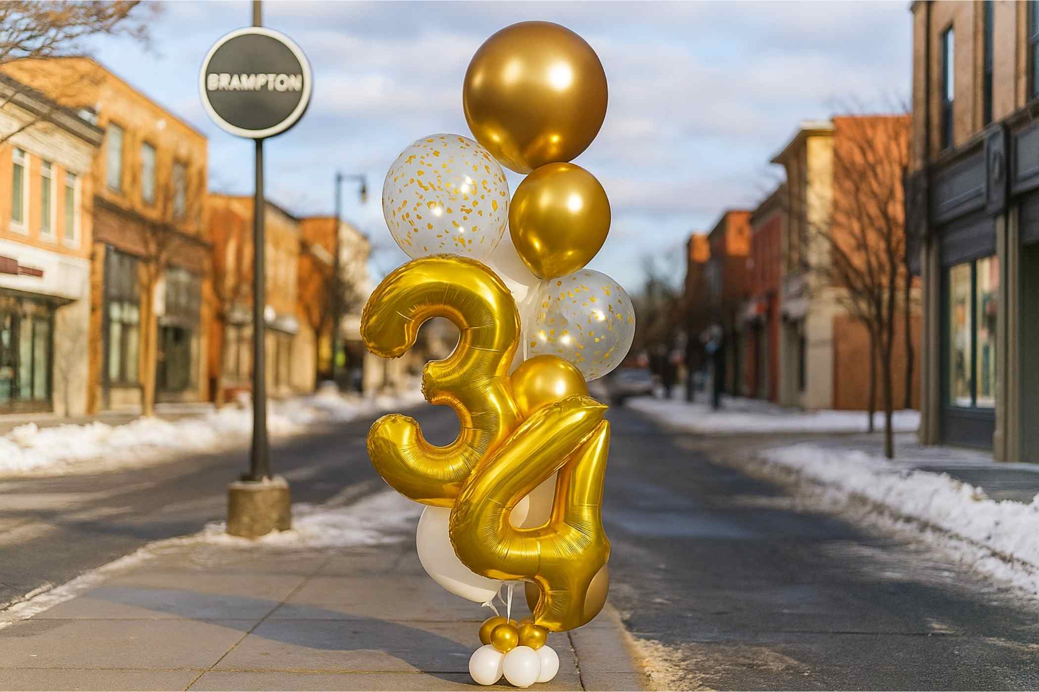 Gold and white balloons shaped like the number '24' on a city street.