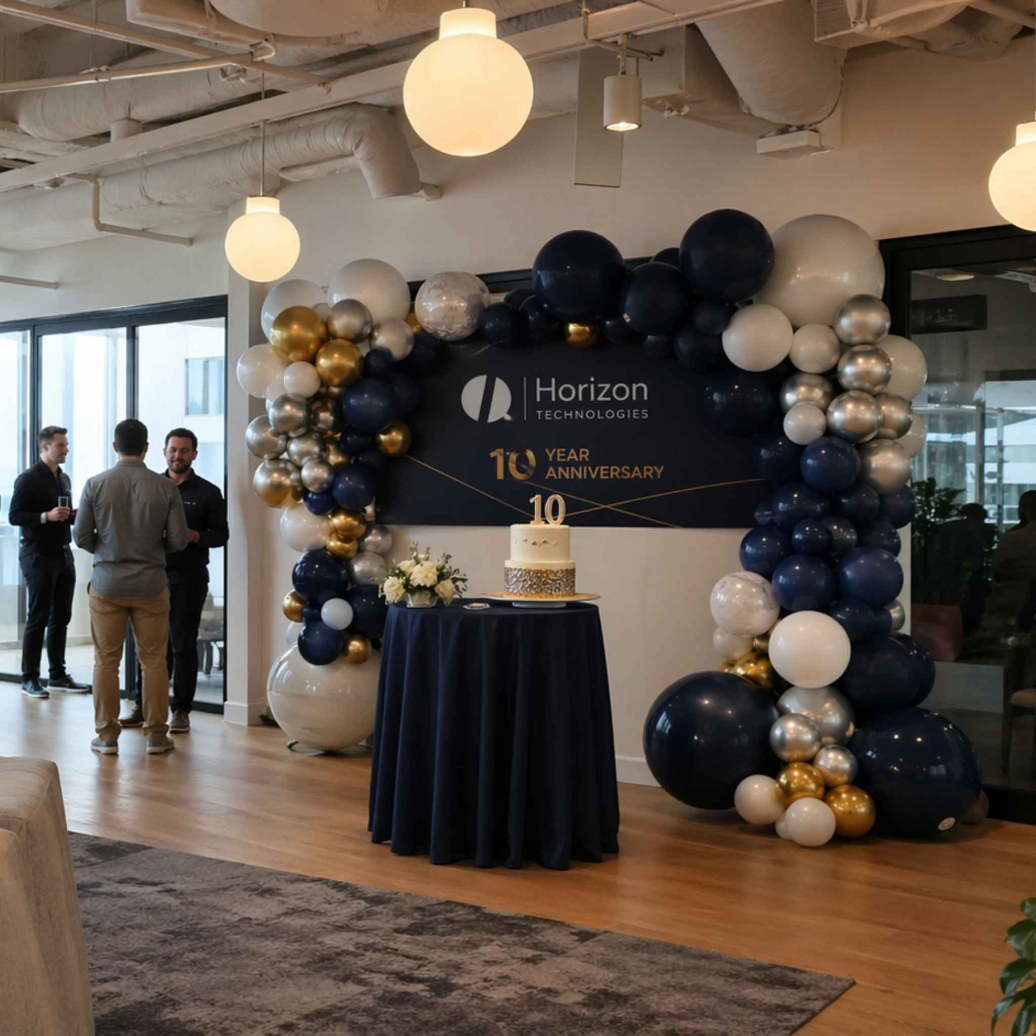 10 year anniversary office celebration gold, silver and white people standing 