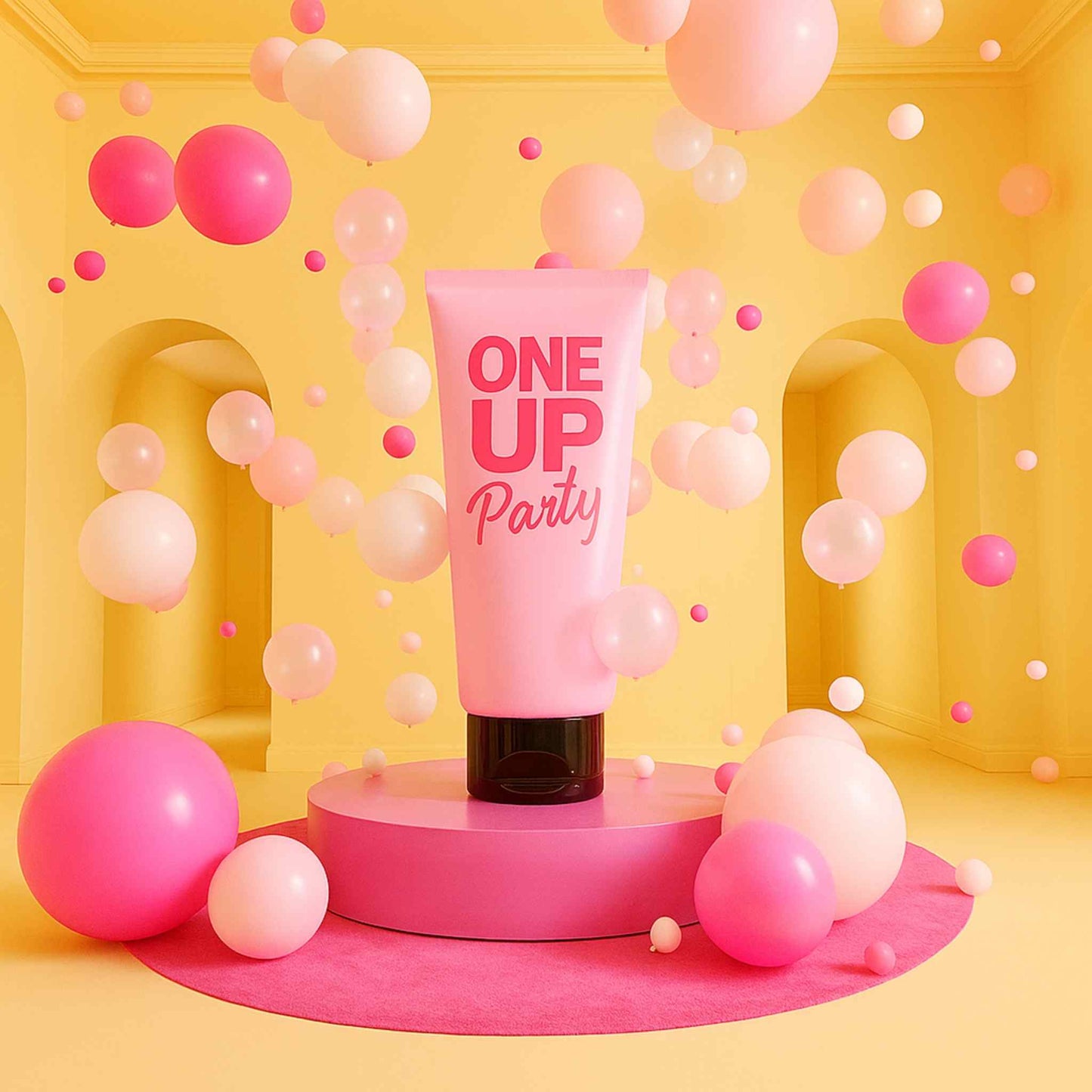 Pink 'ONE UP Party' tube surrounded by balloons on a yellow background