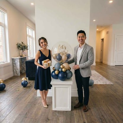 lets party bubble stack tower. Husband and wife celebrating in large house 