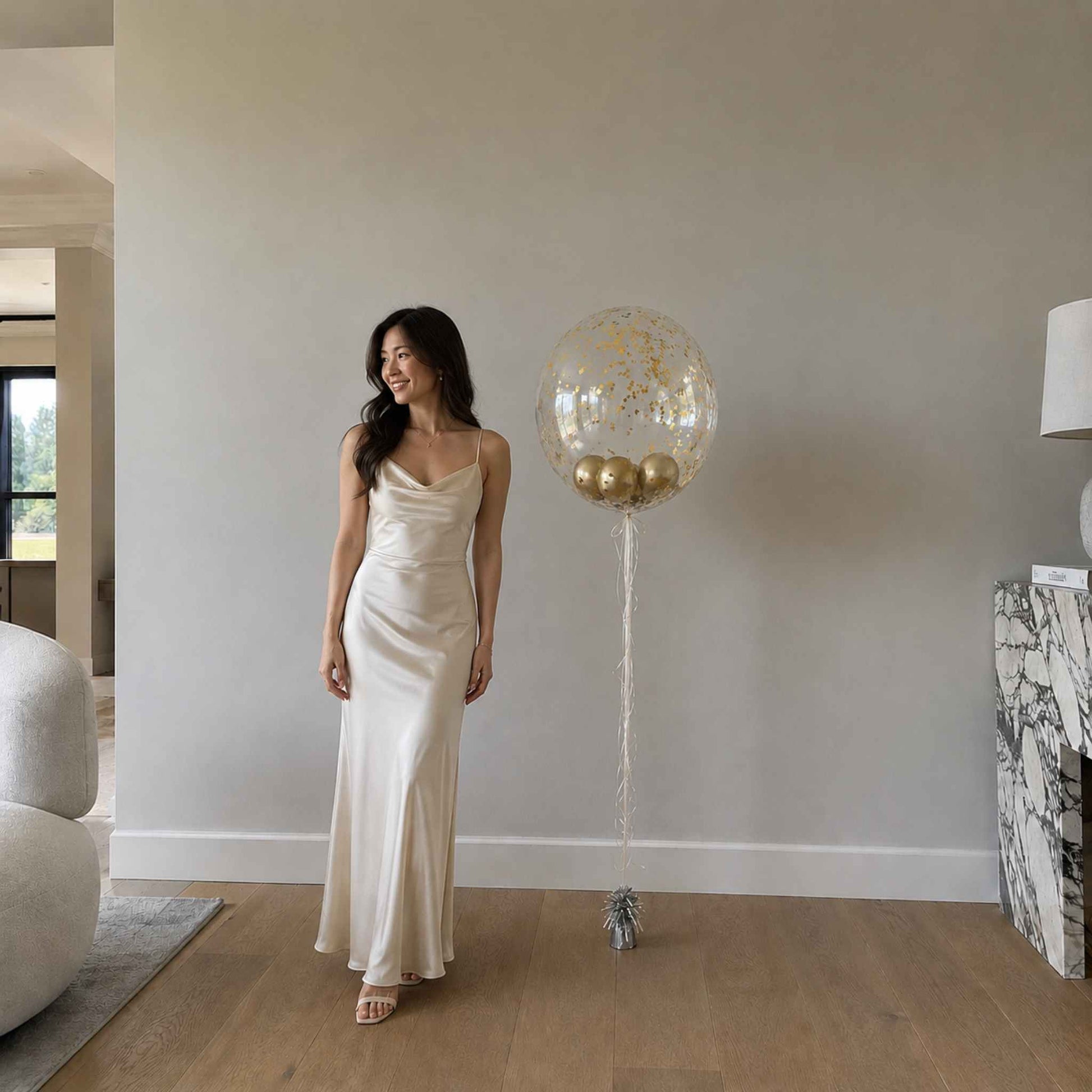 Woman in a long, light-colored dress standing next to a large decorative balloon in a modern living room.