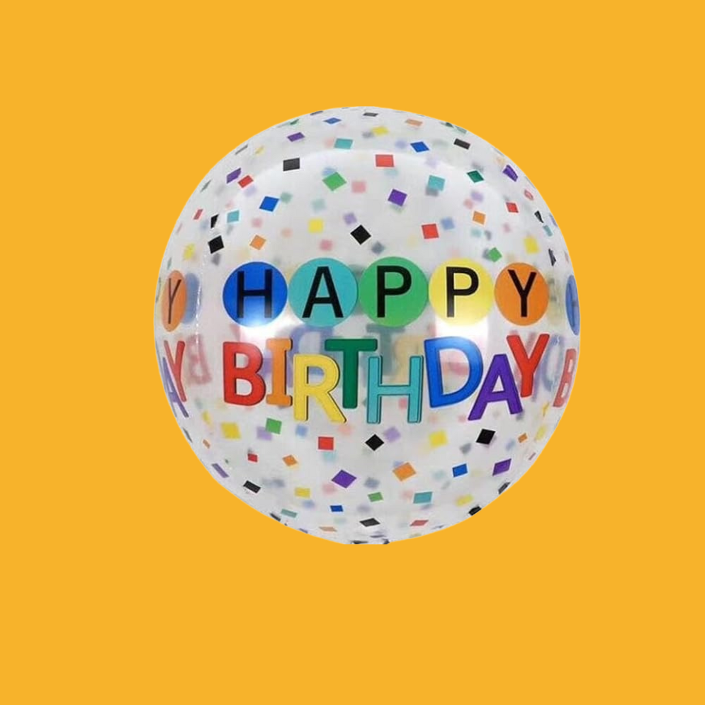 A playful image featuring a 'Happy Birthday' confetti bubble balloon bouquet with gold and multicolored balloons, positioned in a outdoor setting with a iconic building in the background. The balloons are accompanied by a costumed character riding a scooter and a large inflatable crocodile.