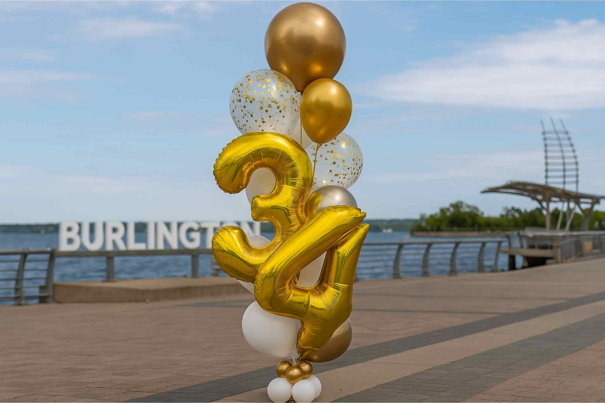 Gold and white balloons shaped like the number '34' on a dock with Burlington sign in the background
