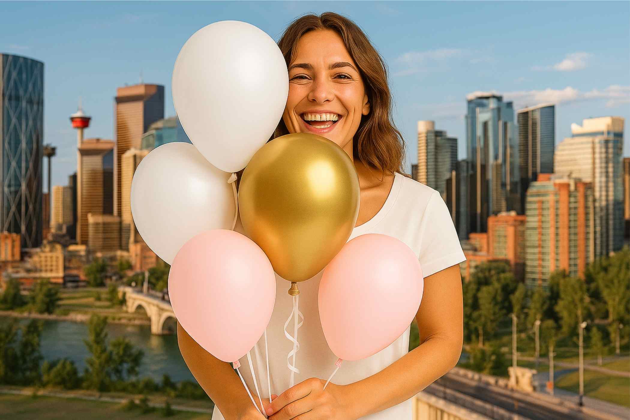 Woman holding balloons with a city skyline in the background