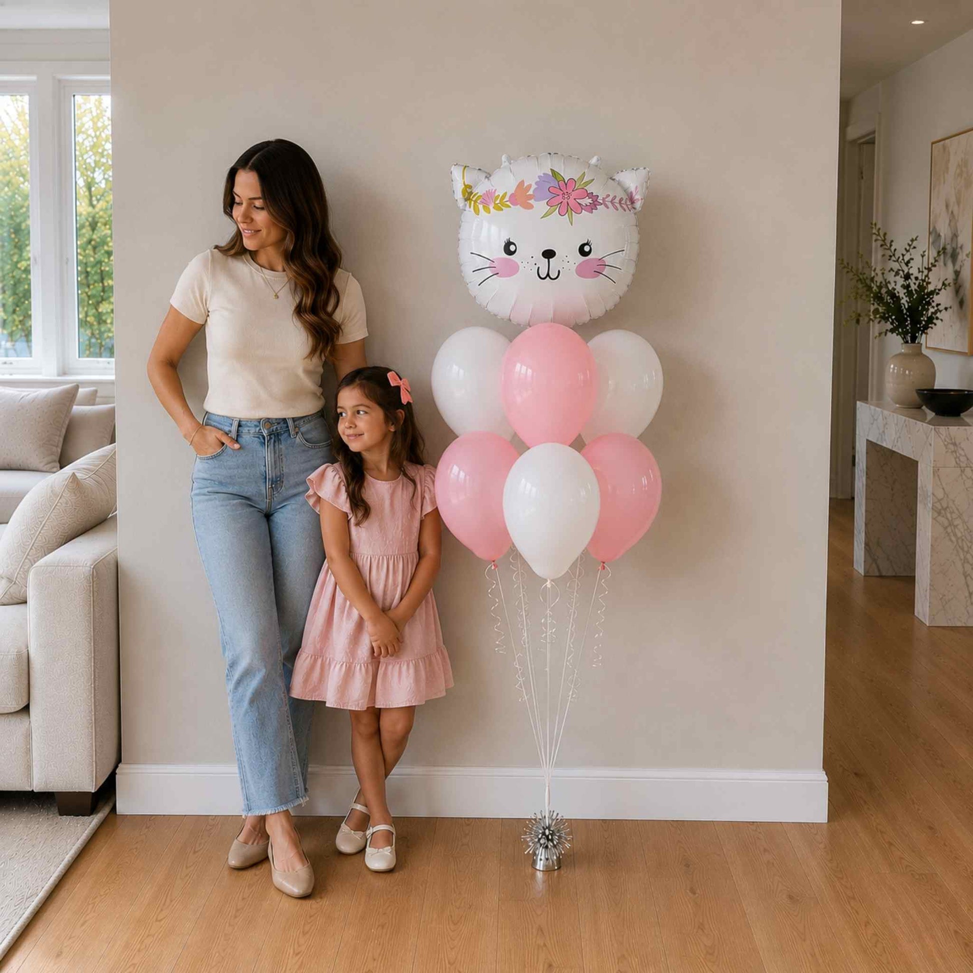 Woman and child standing next to a decorative balloon arrangement in a living room.
