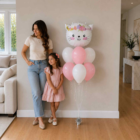 Woman and child standing next to a decorative balloon arrangement in a living room.