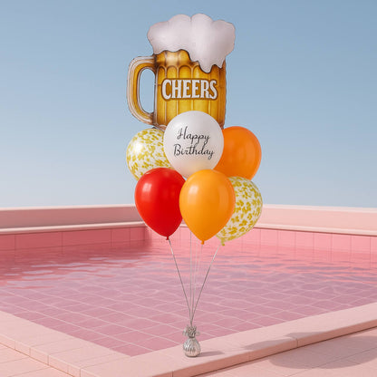 happy birthday balloon bouquet by a water pool Miami style 