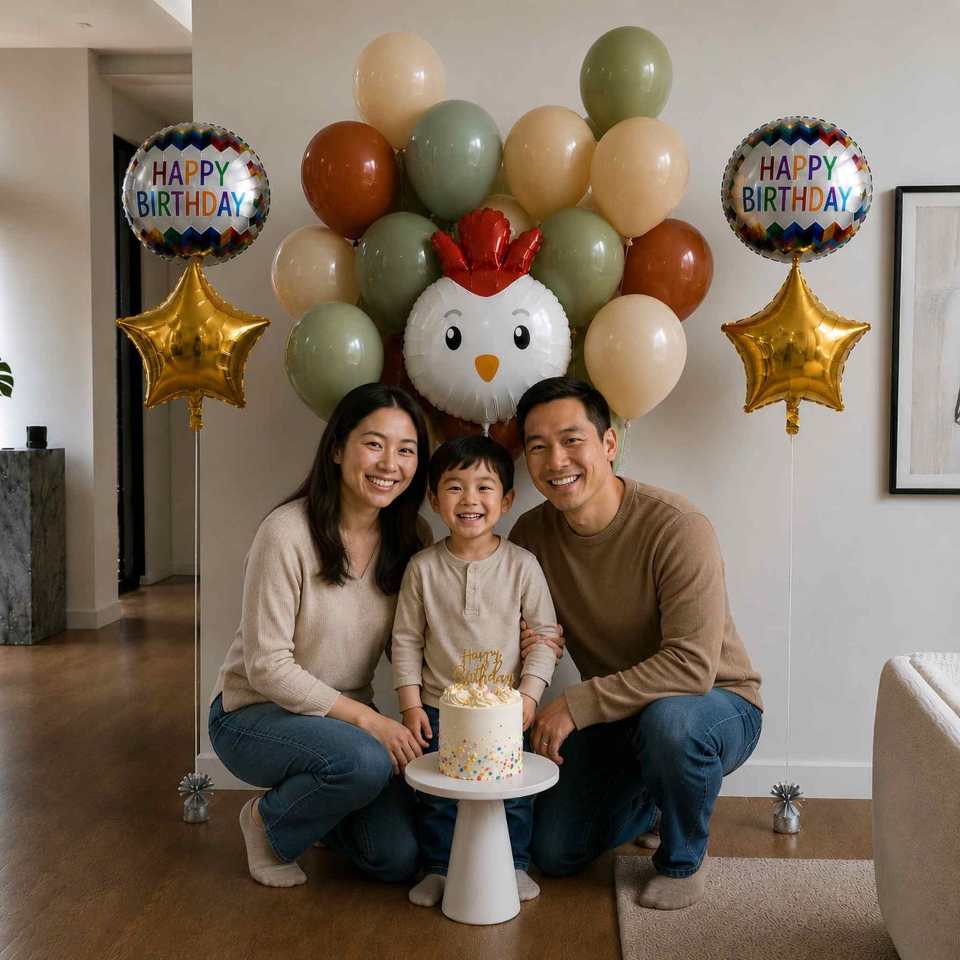 Family posing with a birthday cake and balloons in a living room.
