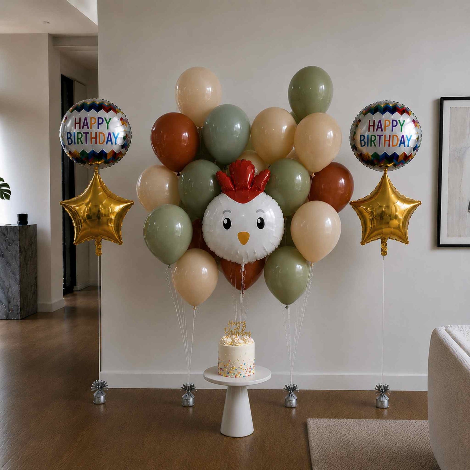 Balloon arrangement with a chicken design and 'Happy Birthday' balloons in a living room.