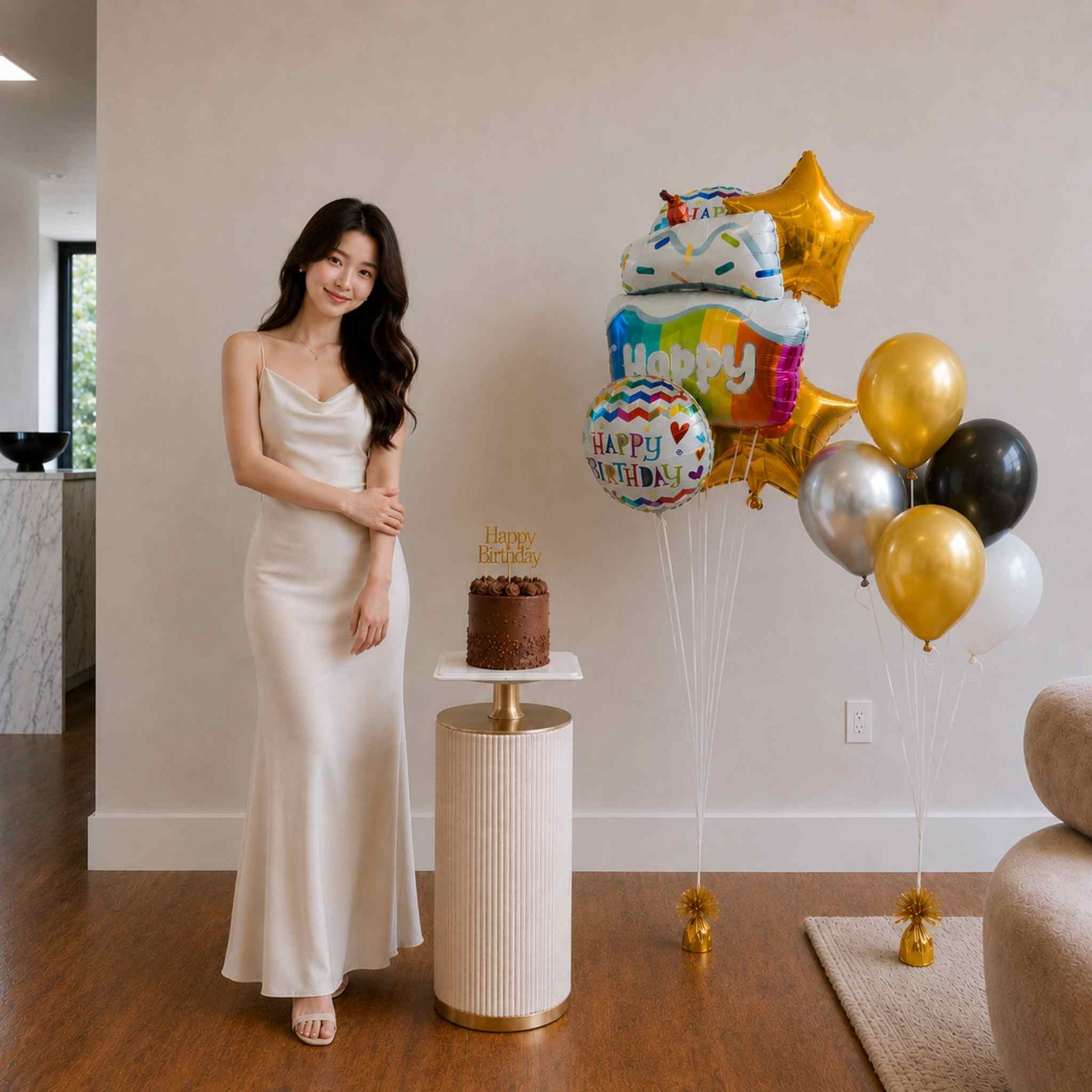 Woman in a white dress standing next to a chocolate cake and balloons in a room.