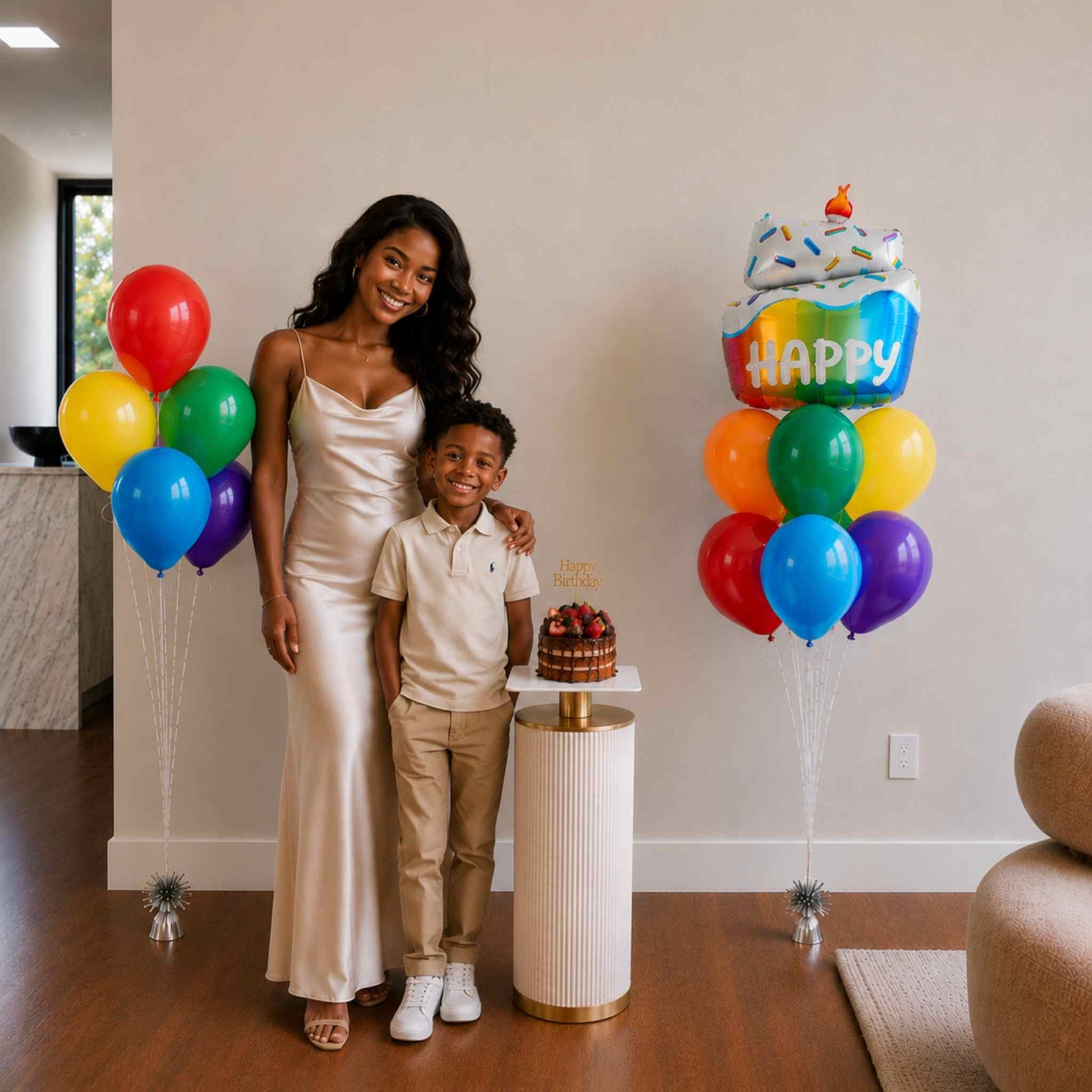 Woman and child standing next to a cake and balloons in a home setting