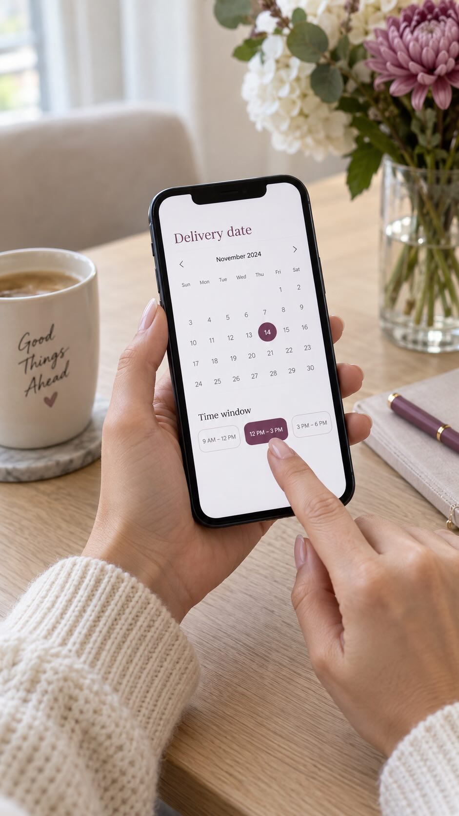 A person holding a smartphone showing a delivery date calendar app interface, with a coffee mug, flowers, and a notebook on a wooden table in the background.