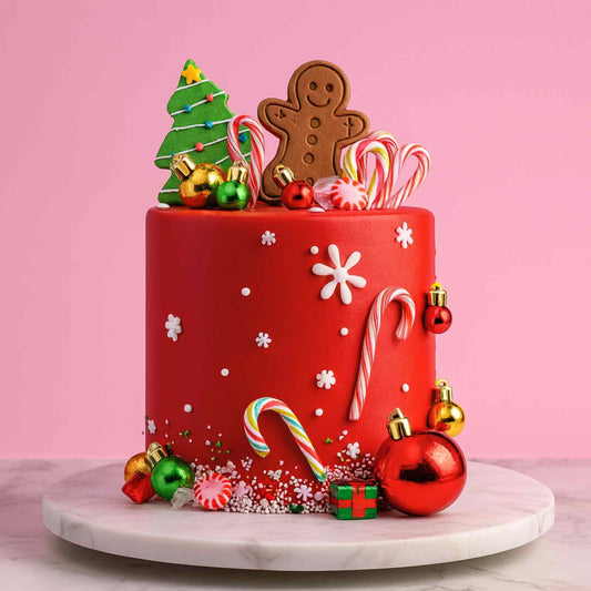 Red Christmas-themed cake with gingerbread man, candy canes, and ornaments on a pink background