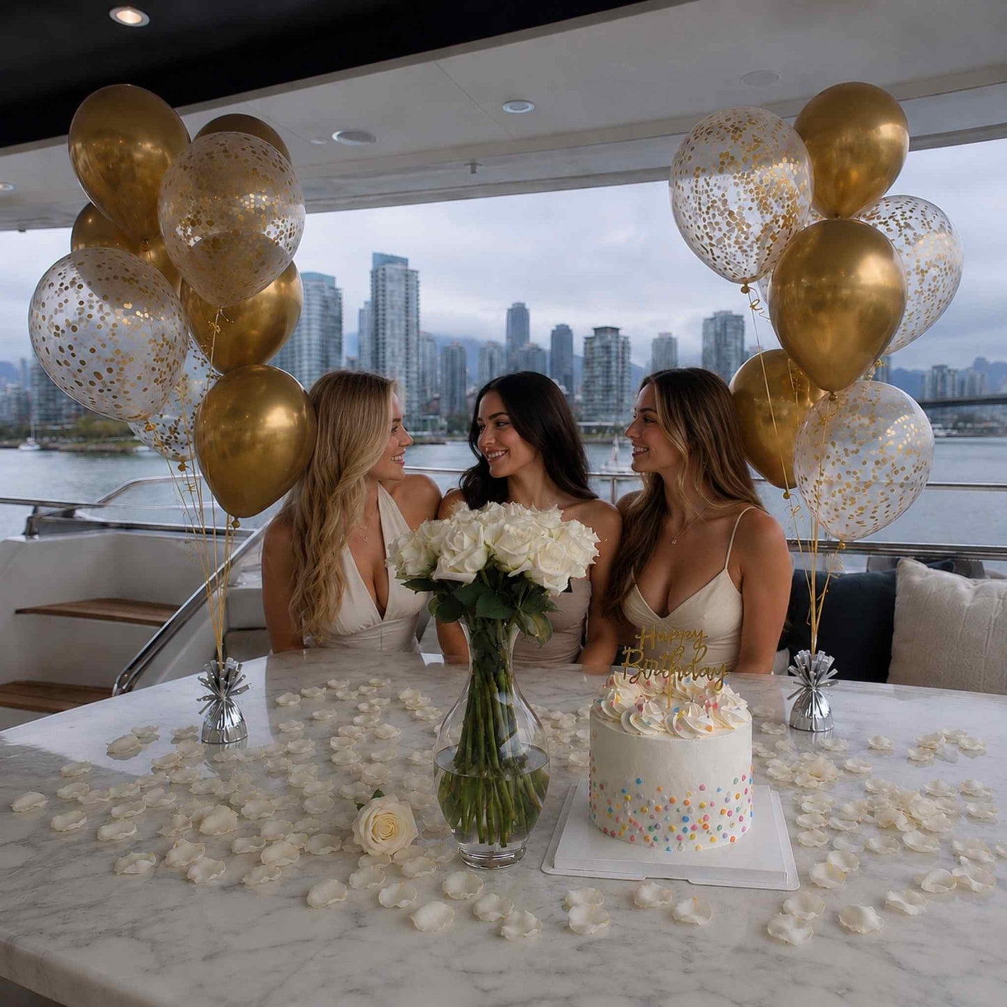 Three women celebrating a birthday on a boat with balloons, cake, and flowers.