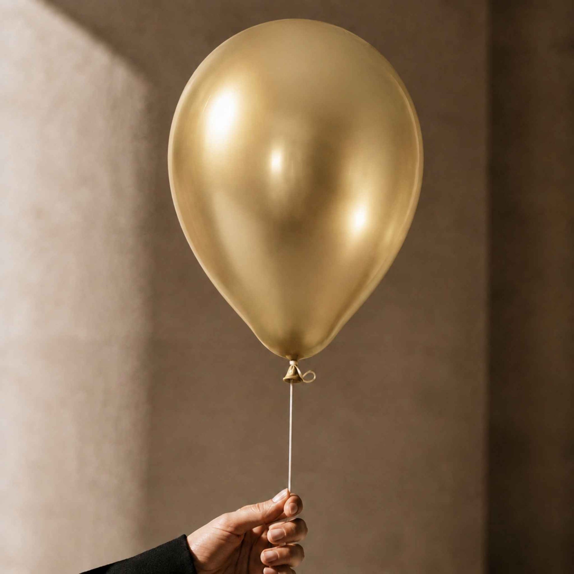 A metallic gold latex balloon held by a hand against a textured beige wall background.