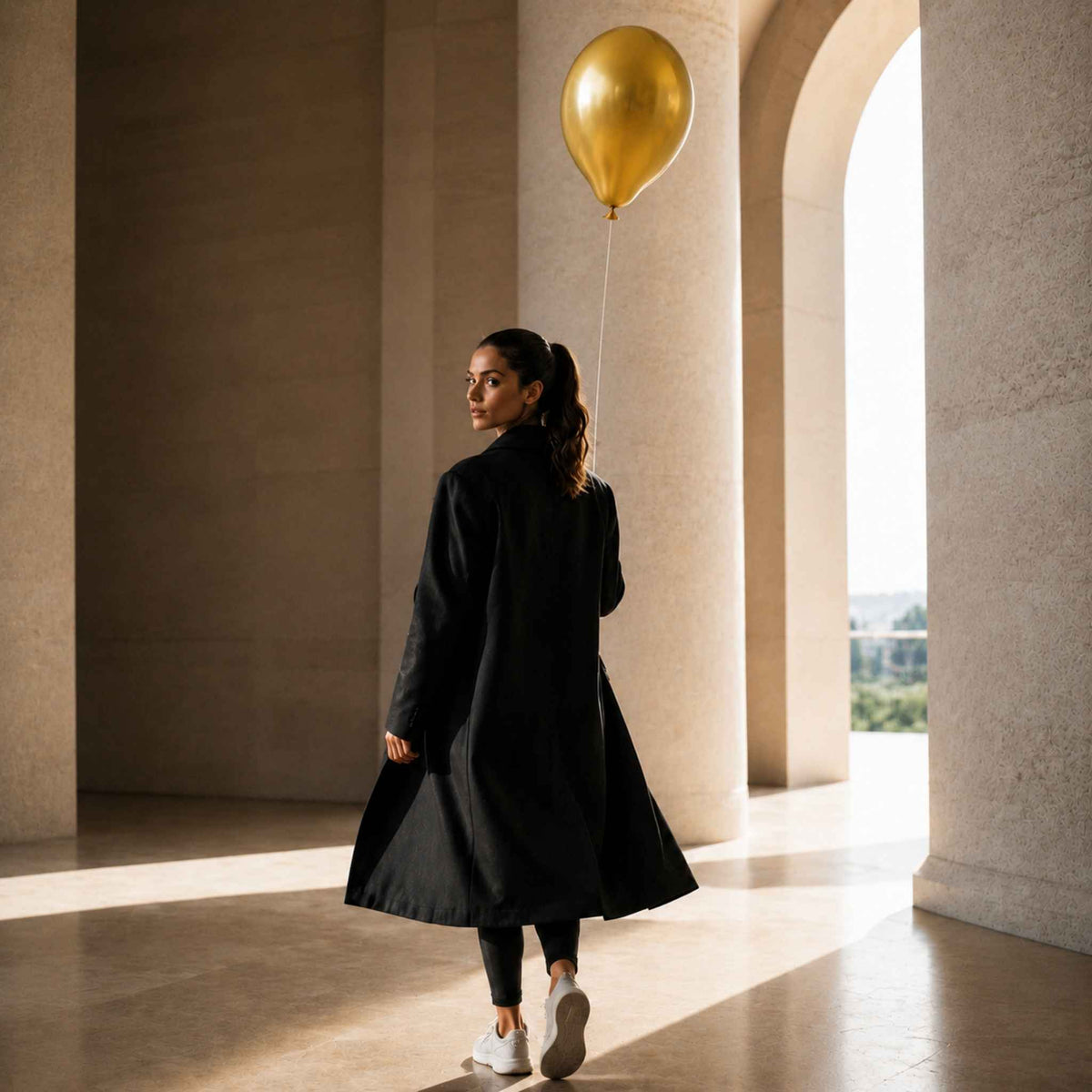 A woman in a long black coat, black leggings, and white sneakers walks through a sunlit architectural corridor with large beige stone columns, holding a metallic gold balloon.
