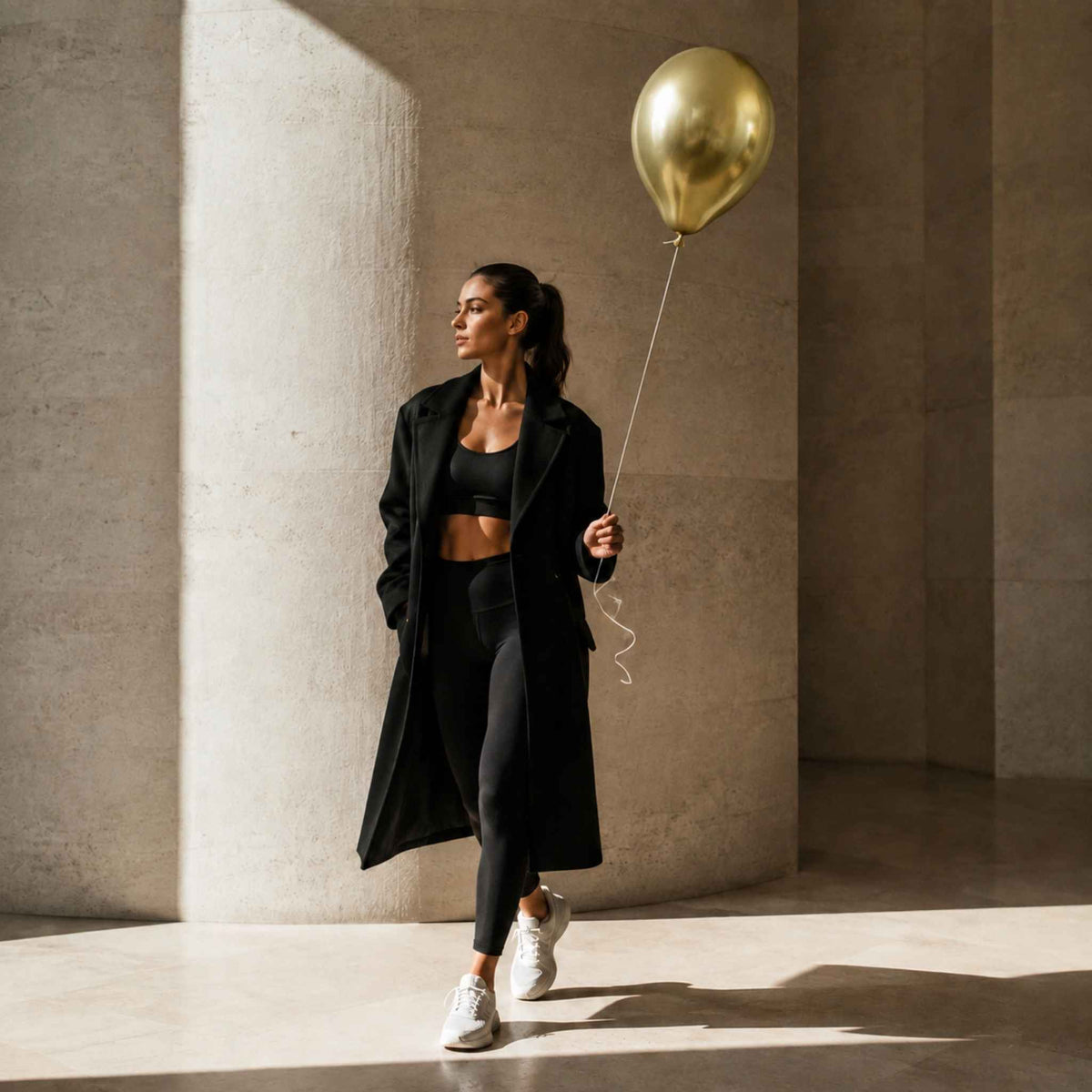 A woman in a black activewear set with a long black coat walks through a sunlit concrete corridor while holding a metallic gold balloon.