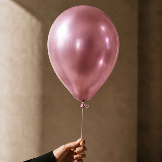 A single metallic dusty pink latex balloon held by a hand against a warm beige textured wall background.