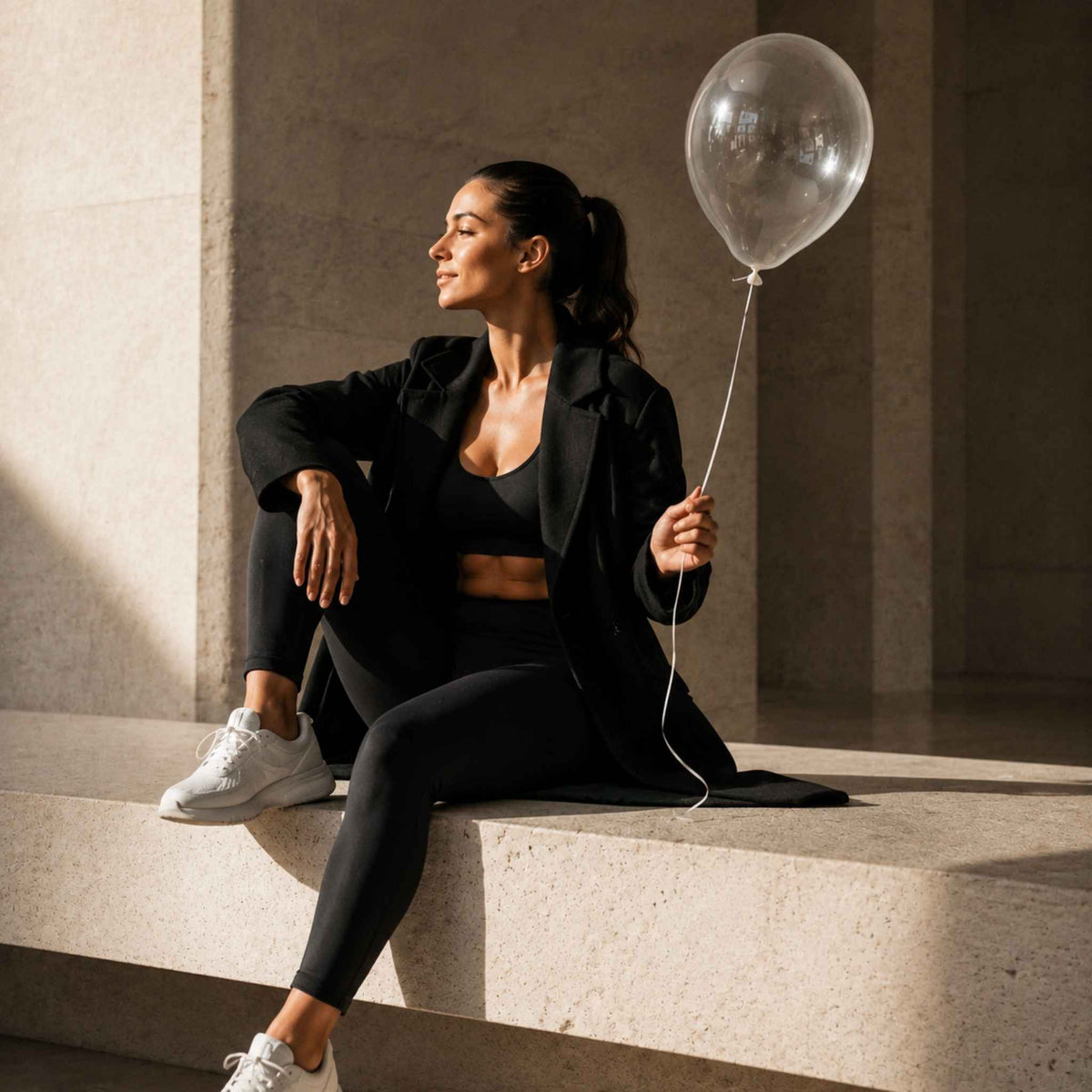 A woman sits on a stone ledge in a minimalist concrete building, wearing a black blazer, black sports bra, black leggings, and white sneakers, while holding a clear balloon.