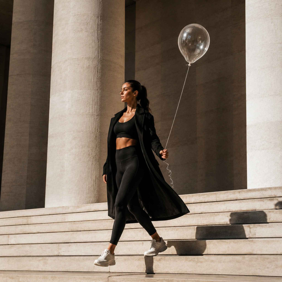 A woman in a black activewear set with a long black coat walks down stone steps while holding a clear balloon. She is wearing a black sports bra, black leggings, and white sneakers, set against a background of large classical columns.