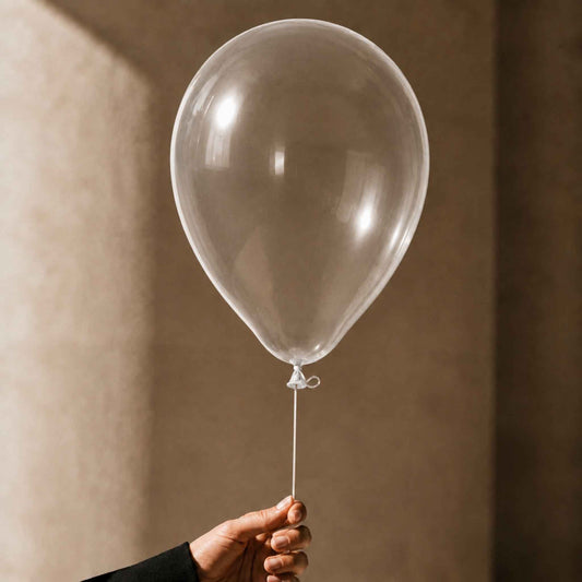 A hand holding a clear, round latex balloon with a white string against a warm, textured beige background.