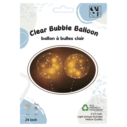 Packaging of ONE UP Clear Bubble Balloon with light strings showing two transparent balloons with embedded lights.
