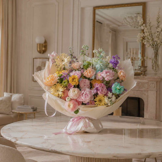 Bouquet of flowers on a marble table in an elegant room.