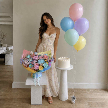 Woman in a floral dress holding a bouquet and cake with pastel balloons in a room.