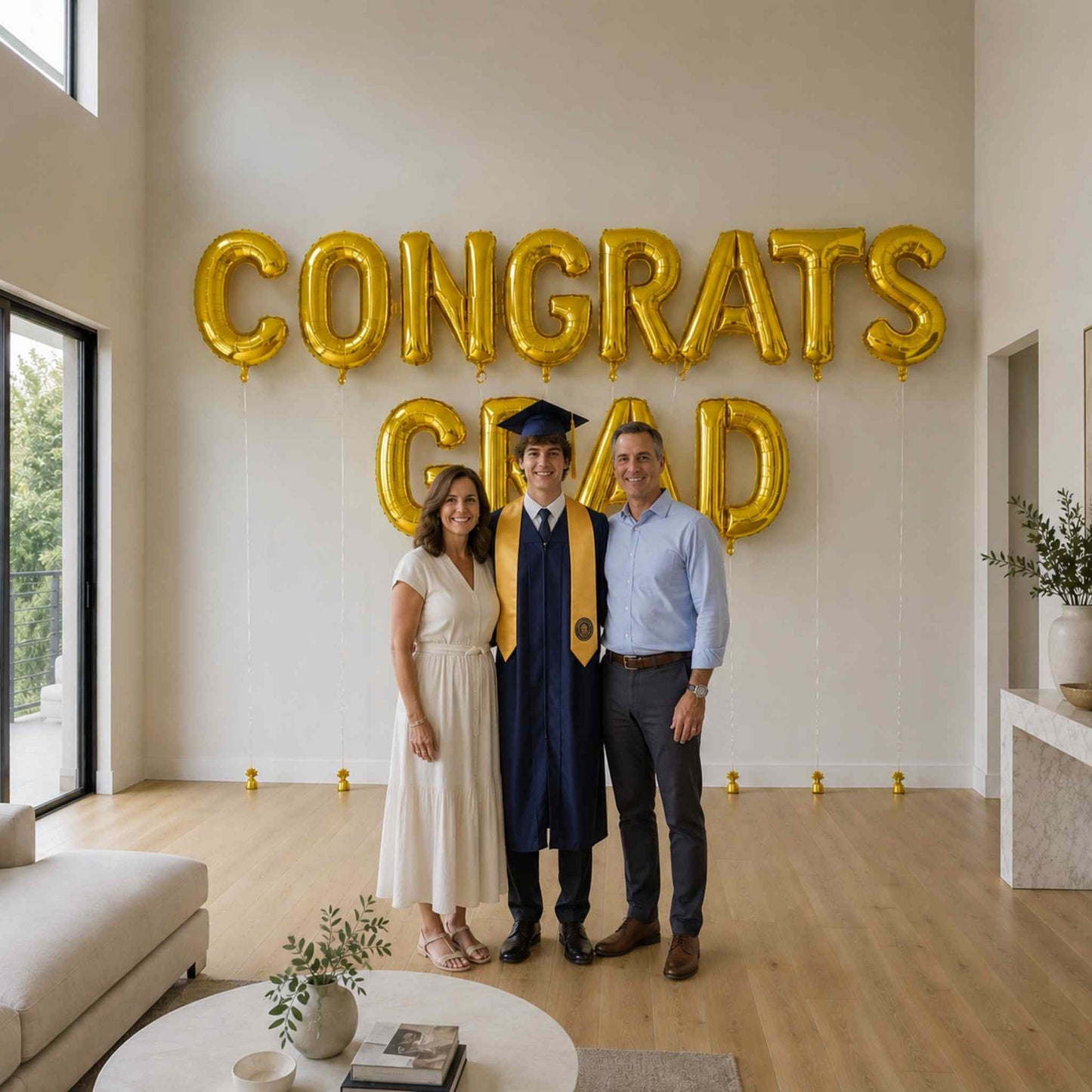 Graduate with family in front of 'CONGRATS GRAD' balloons in a modern living room.