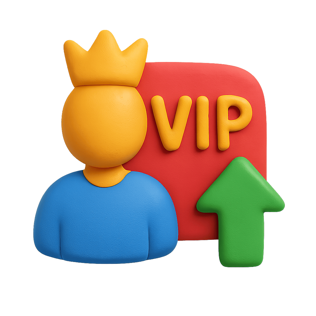 Colorful 3D icon of a character with a crown, 'VIP' text, and green arrow on a transparent background