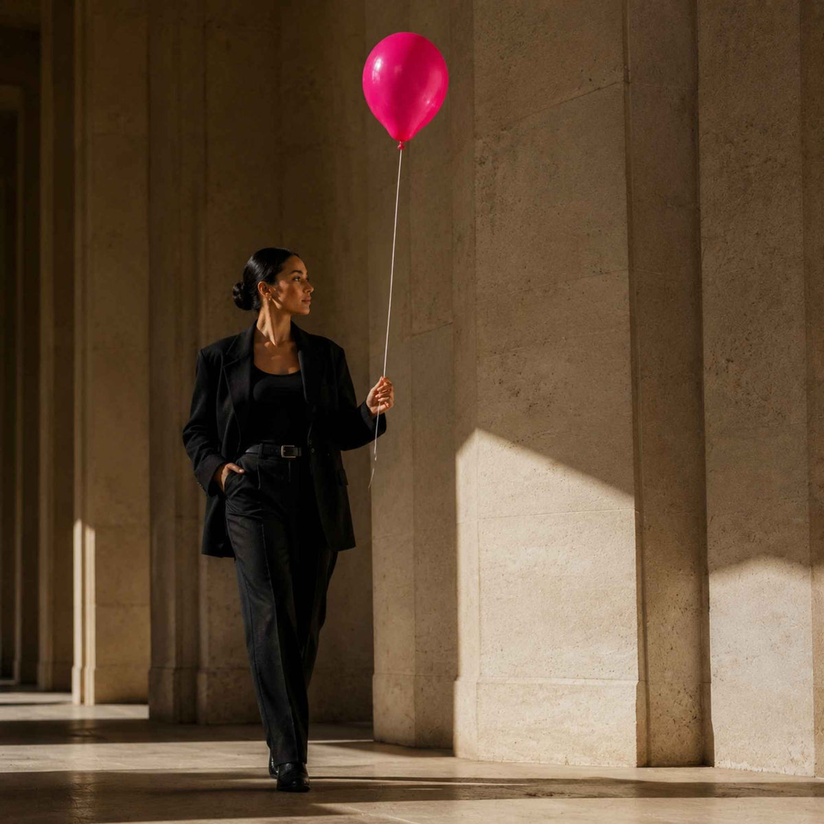 A woman in a black blazer and trousers walks through a sunlit corridor with large stone columns, holding a bright pink balloon.