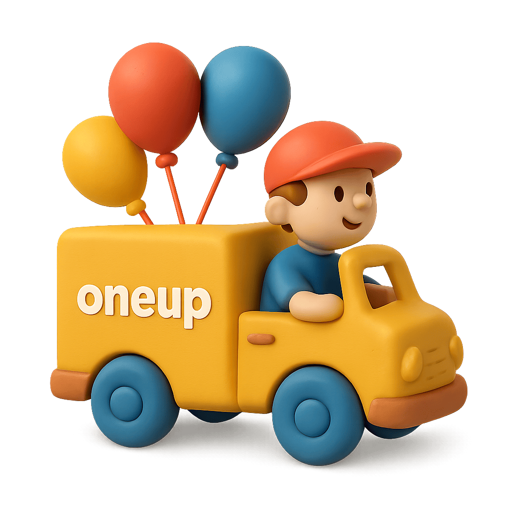 Toy figure of a boy in a yellow truck with colorful balloons on a transparent background
