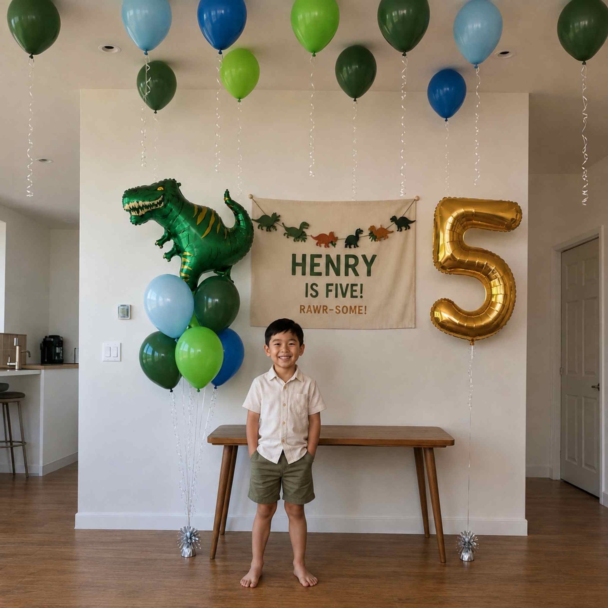 A young boy stands barefoot in a decorated room with balloons, a green dinosaur balloon, a canvas banner reading 'HENRY IS FIVE! KAWR-SOME!,' and a large gold foil number 5 balloon.