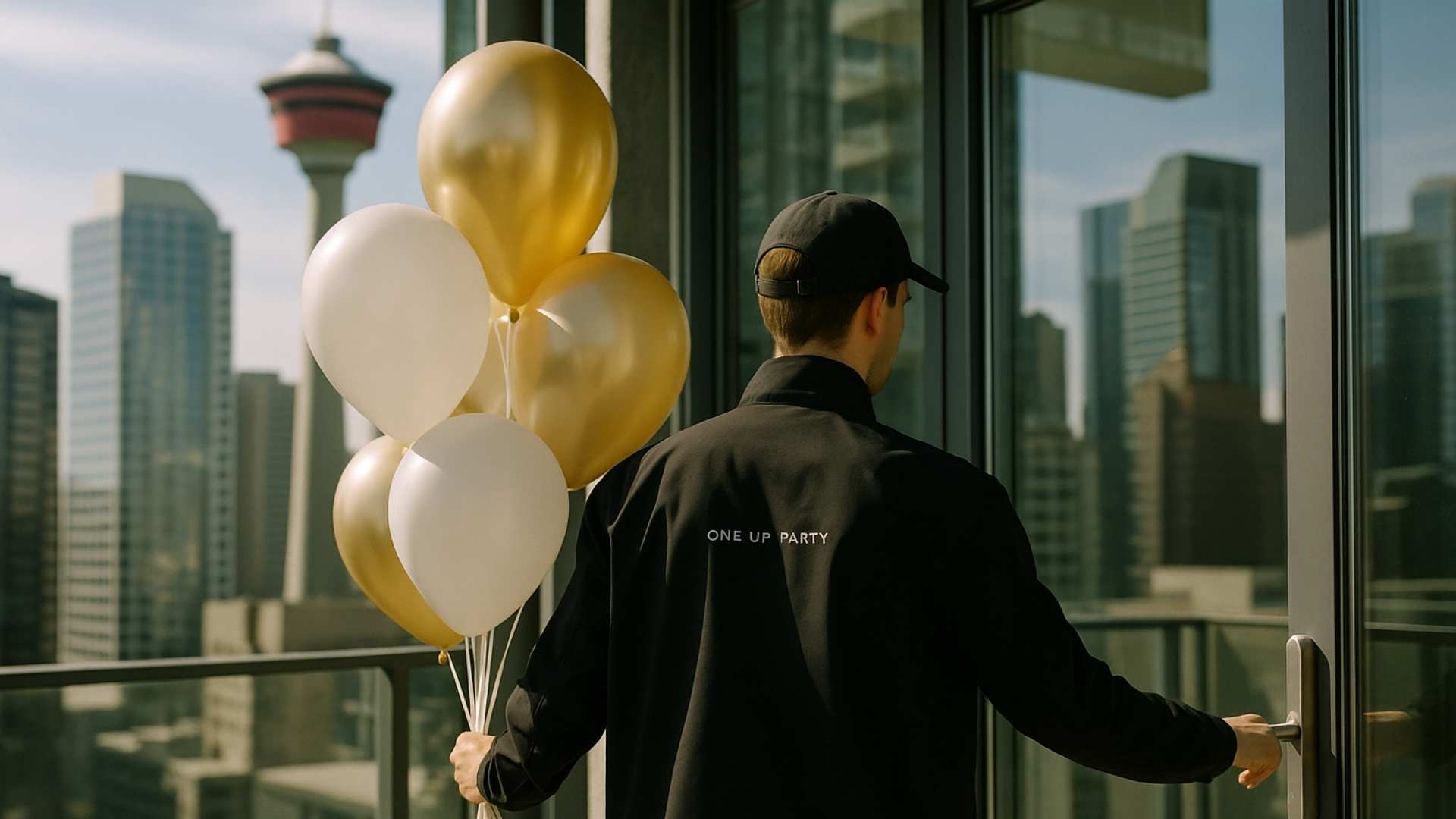Person holding balloons with a city skyline in the background