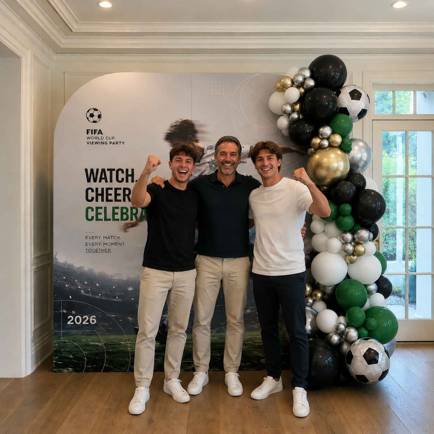 Three men posing in front of a FIFA promotional banner with a large balloon arrangement.