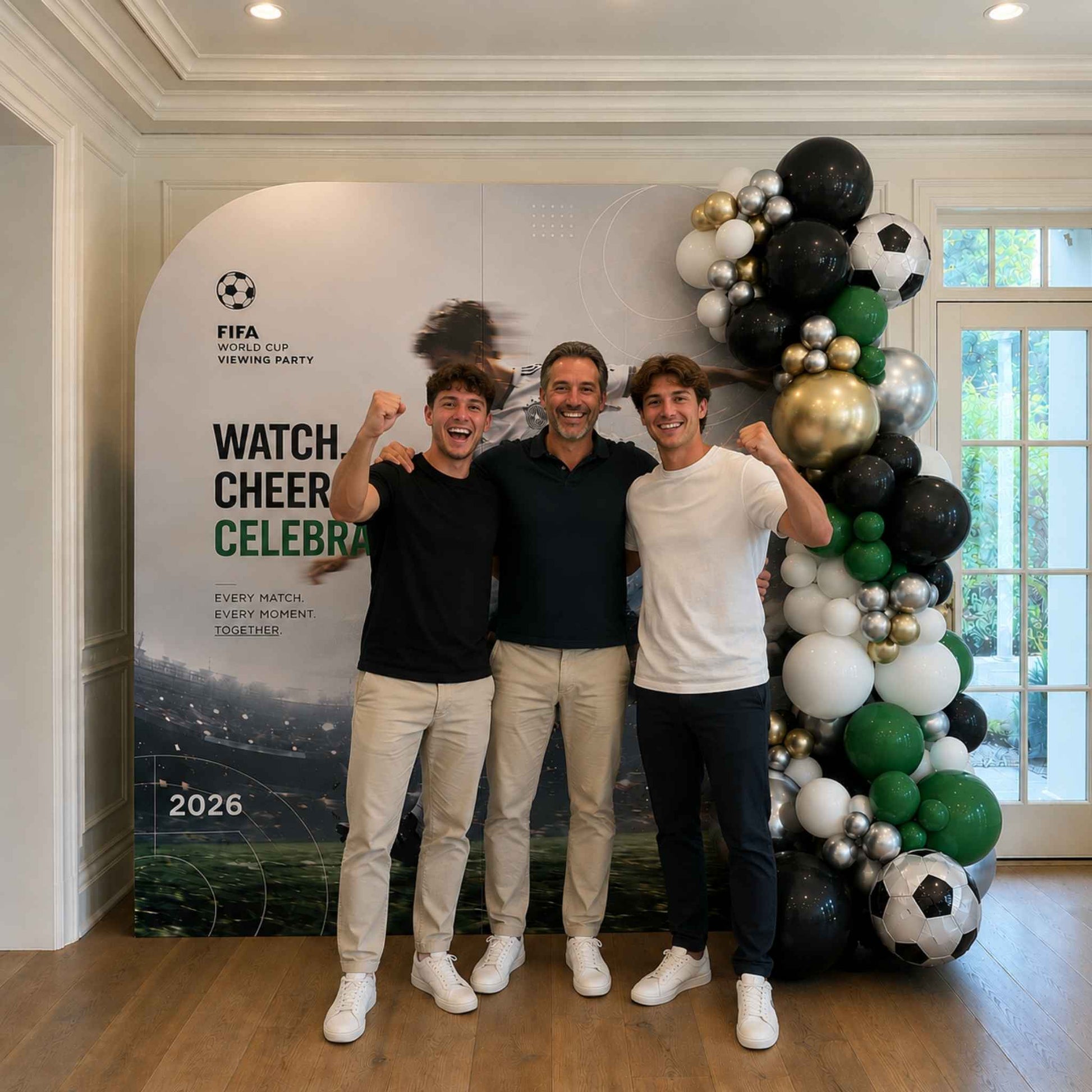 Three men posing in front of a FIFA promotional banner with a large balloon arrangement.