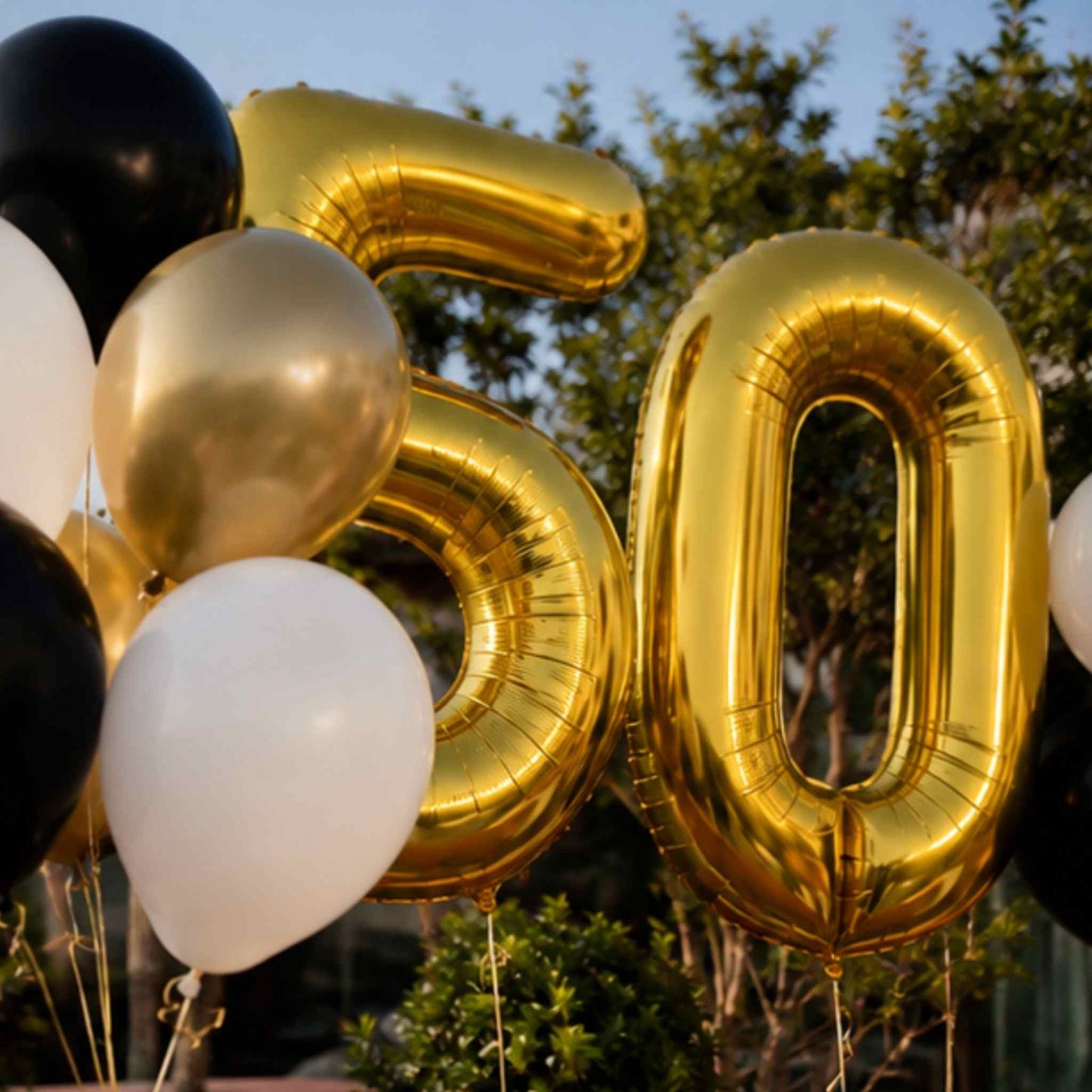 Gold, white, and black foil balloons, including large metallic number balloons spelling 50, photographed outdoors against trees and sky.